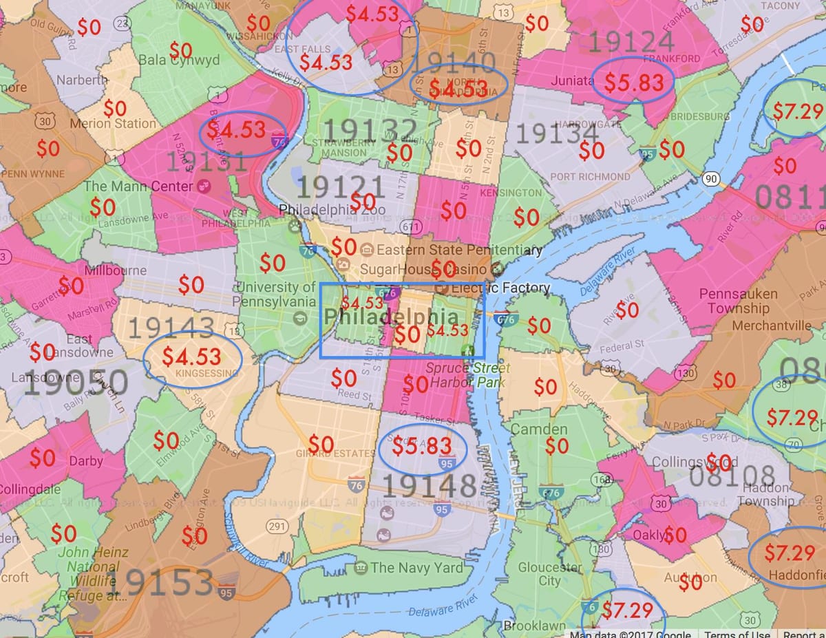 Philadelphia, valamint a környező területeken térkép